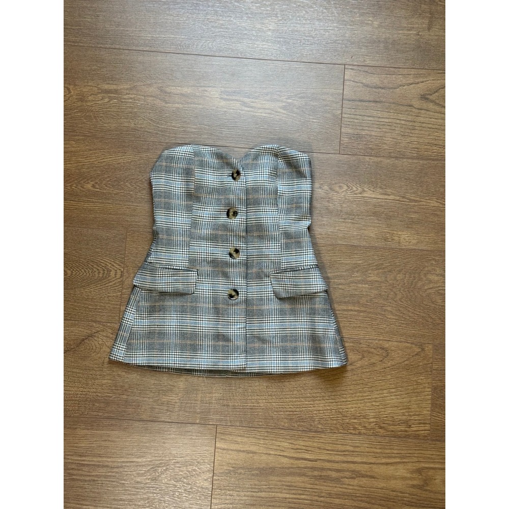Zara Grey Glen Plaid Strapless Sweetheart Corset Top XS Button Front Tailored